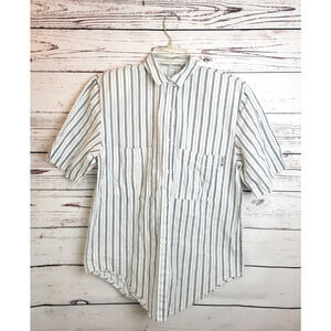 Vtg‎ Cherokee White Gray 2-Striped Pockets Button Down Shirt Women's Size Medium